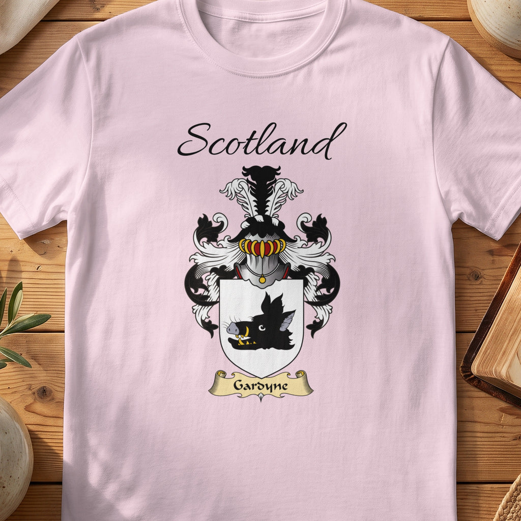 Light Pink Gardyne Scottish family shield T-shirt featuring a black boar head on white