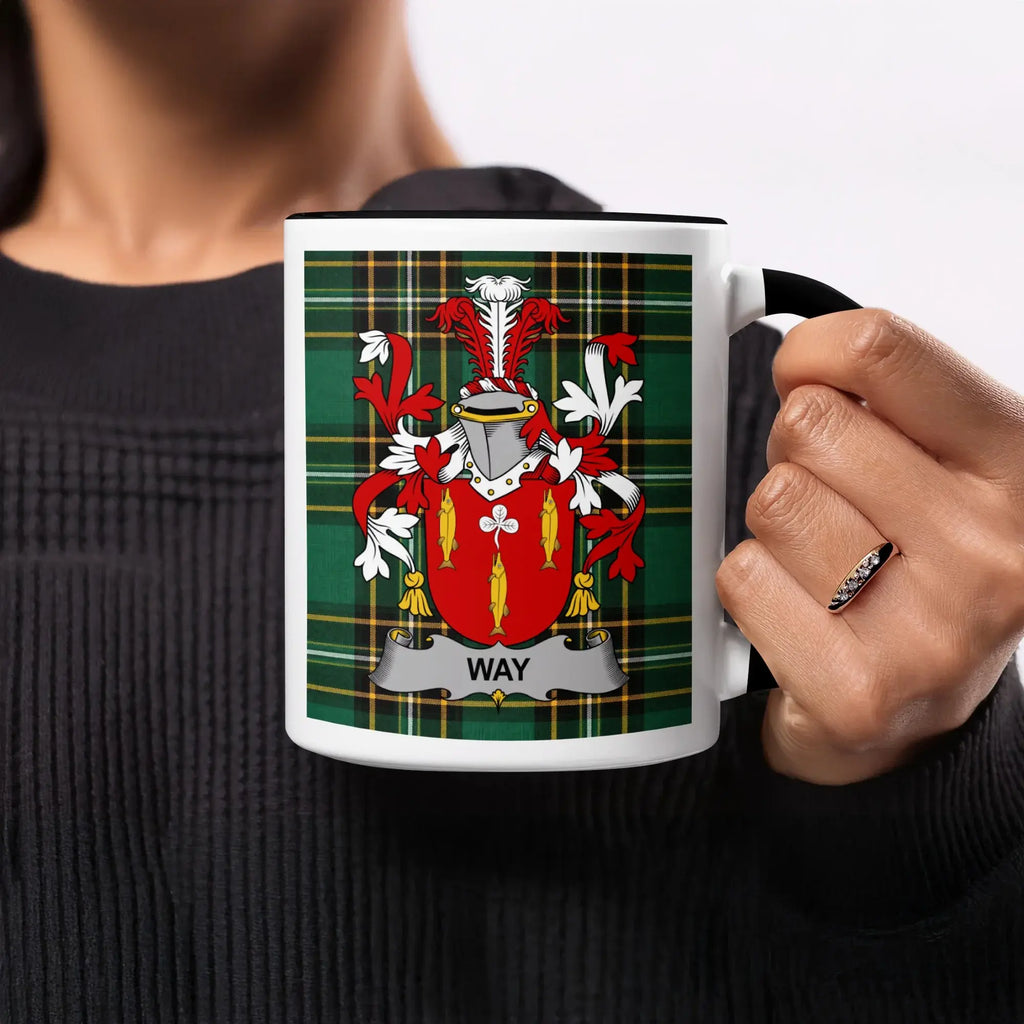 Mug with a green tartan pattern and the Way family crest.