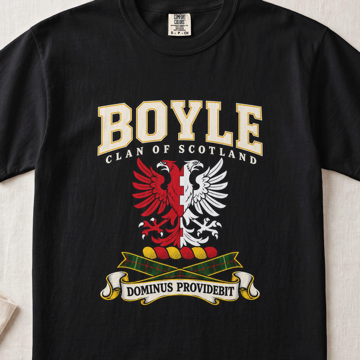 Boyle Scottish clan graphic T-shirt in Black, front view