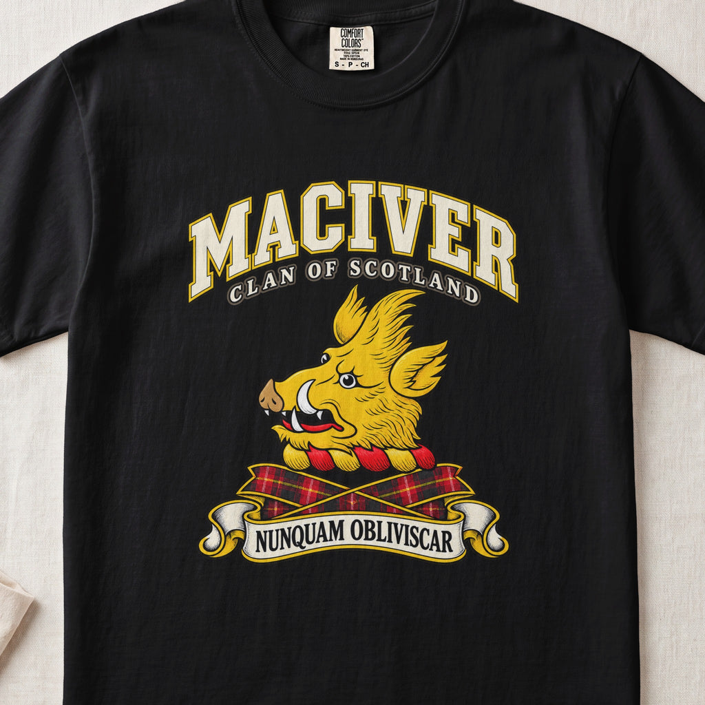MacIver Scottish clan T-shirt in Black, front view with a golden boar head and motto design.