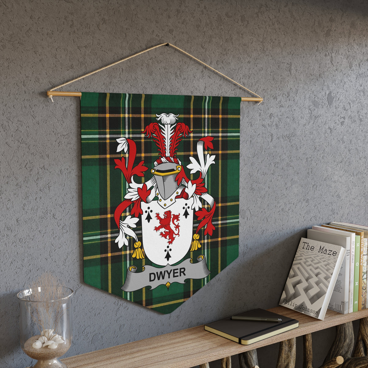 Green tartan banner displaying Dwyer family crest and surname below.