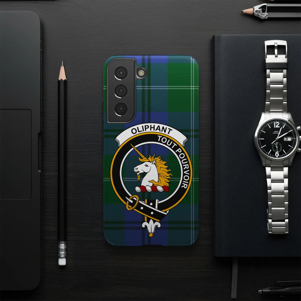 Oliphant tout pourvoir crest phone case — green tartan, Samsung Galaxy variant