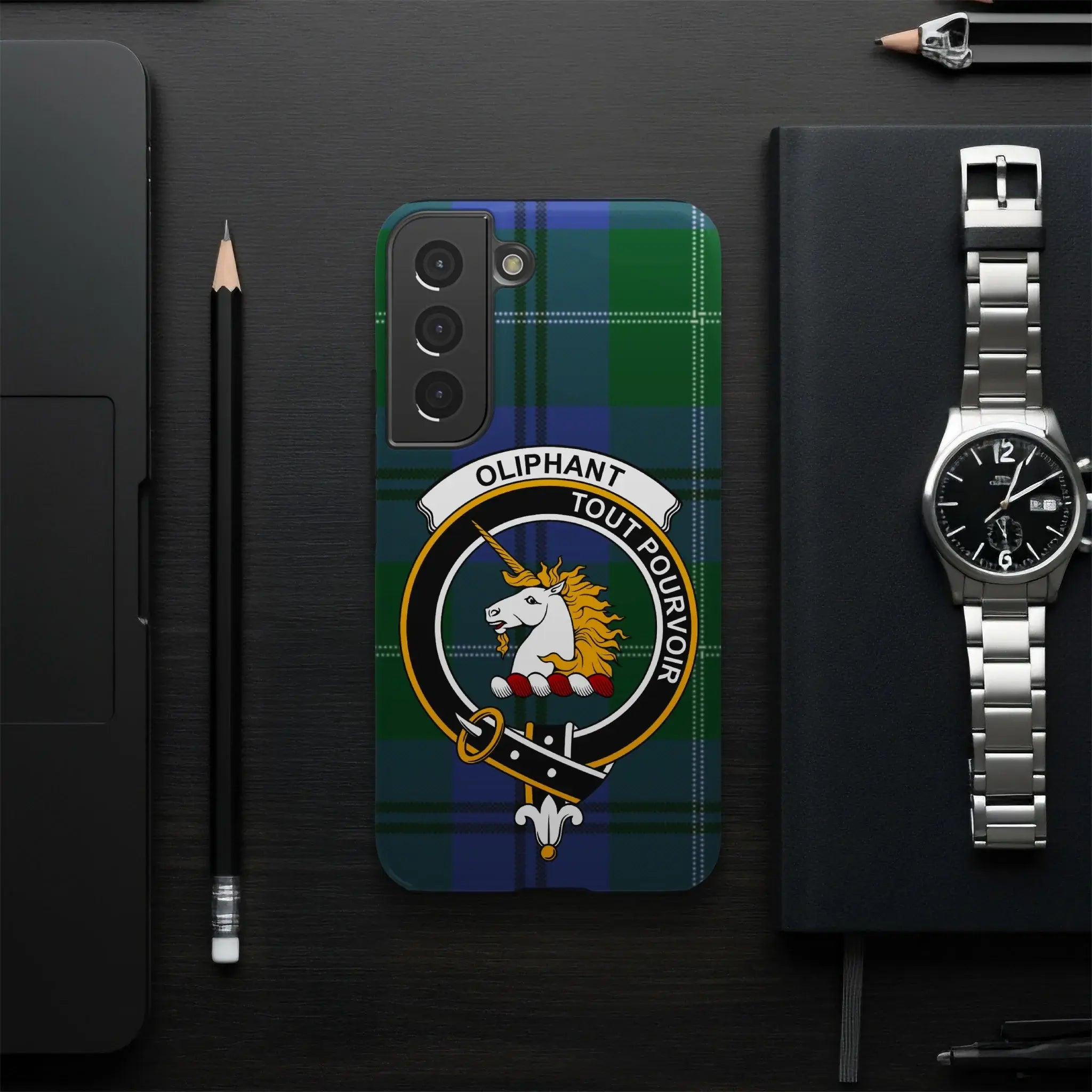 Oliphant tout pourvoir crest phone case — green tartan, Samsung Galaxy variant