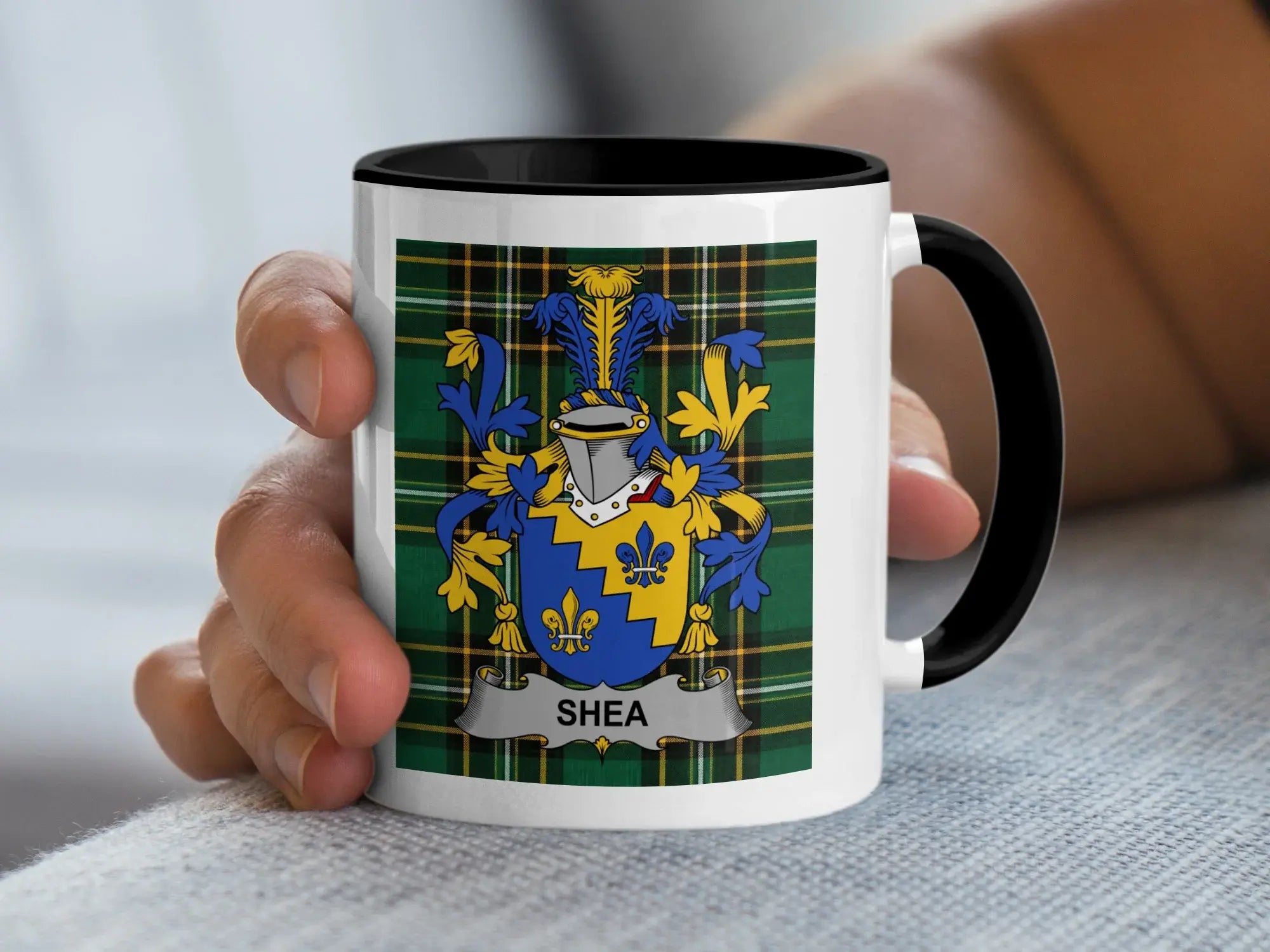 Shea Irish family crest black accent mug on Irish National Tartan