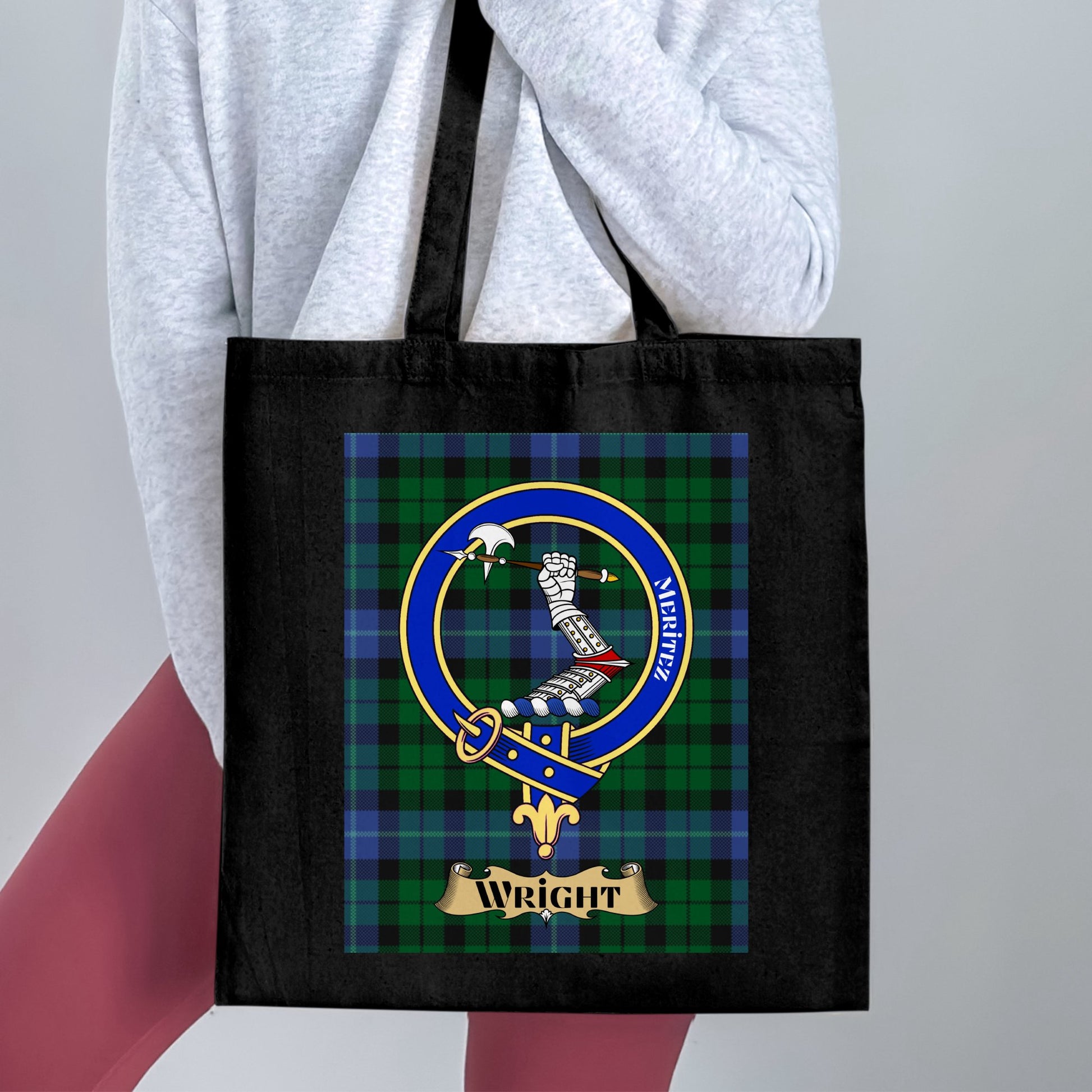 Scottish Clan Crest on Tartan Background Design Tote Bag - Living Stone Gifts