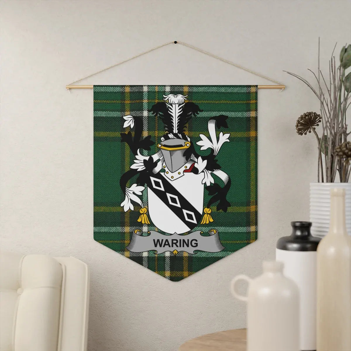 Waring Family Crest on Tartan Background Wall Hanging product