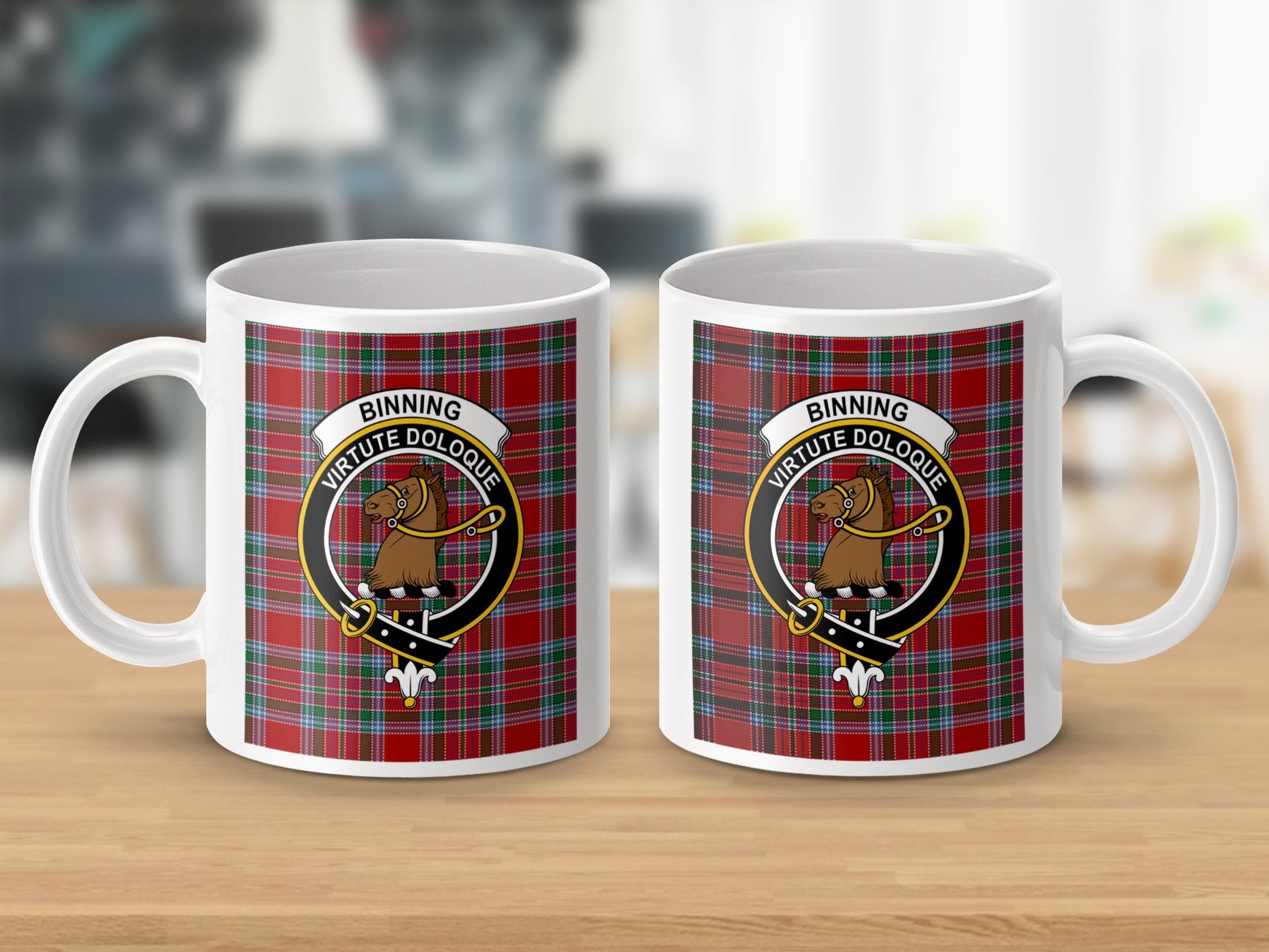 Binning Virtute Doloque Crest Tartan Pattern Mug - Living Stone Gifts