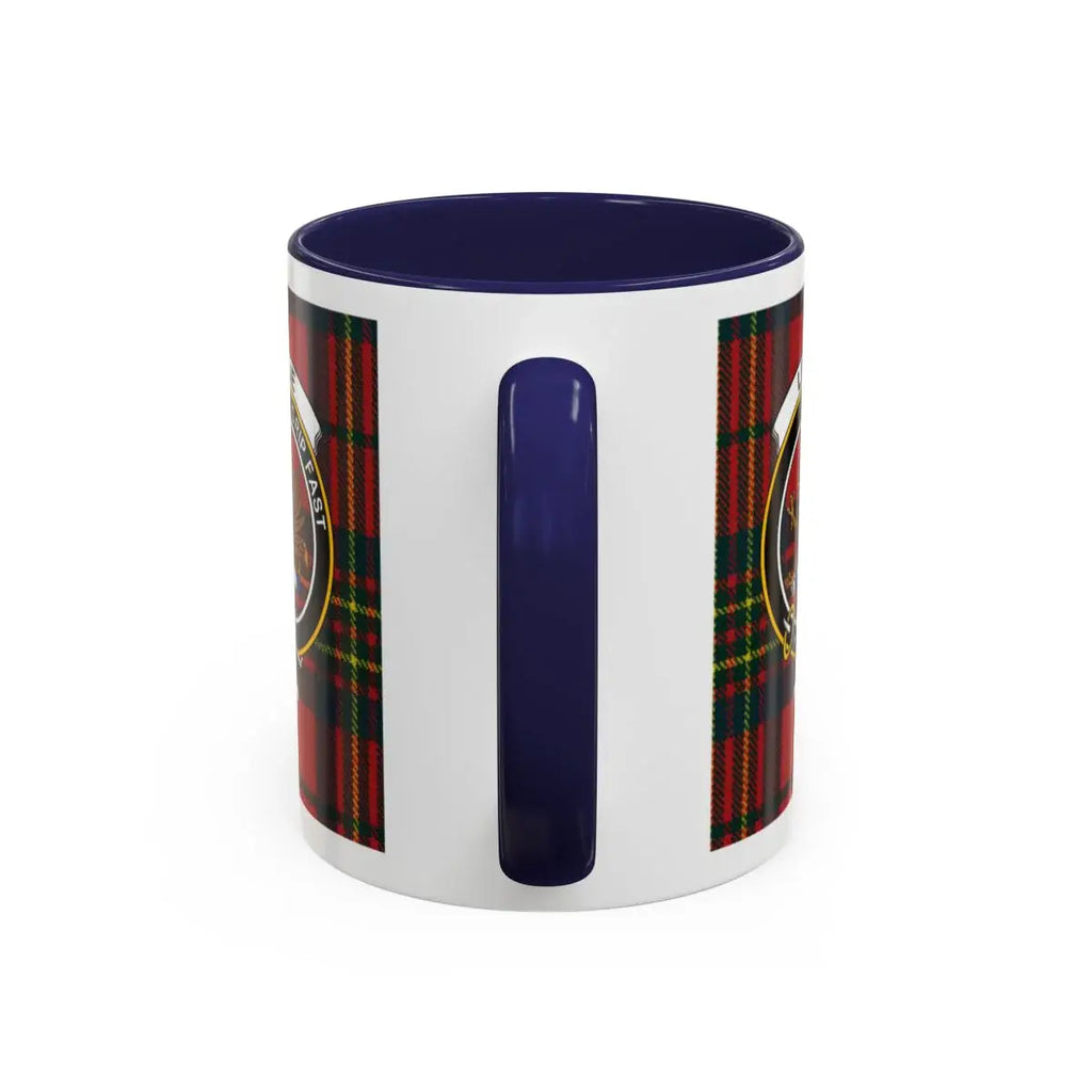 Leslie clan tartan accent mug with blue handle — 11oz ceramic, Hold Tight clan motto