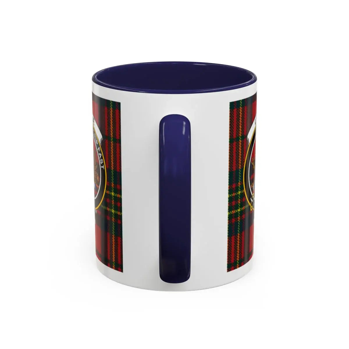 Leslie clan tartan accent mug with blue handle — 11oz ceramic, Hold Tight clan motto