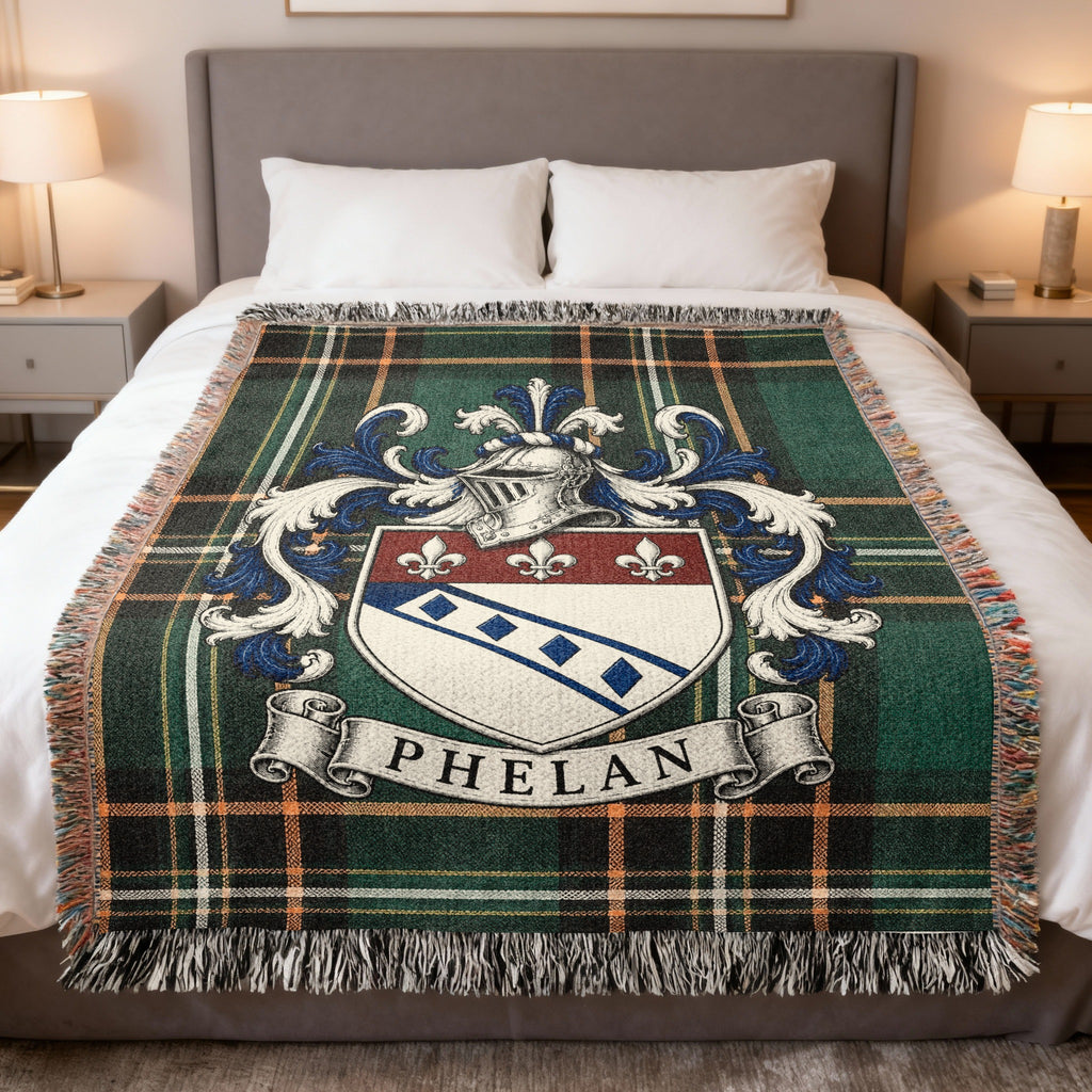 Phelan Irish National Tartan heirloom woven blanket with family crest, full product view