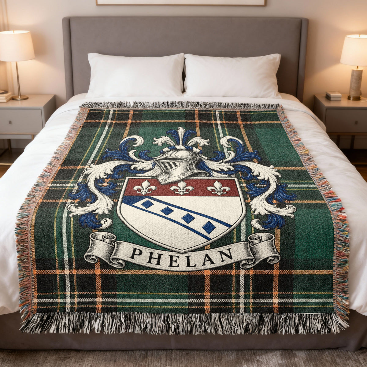 Phelan Irish National Tartan heirloom woven blanket with family crest, full product view