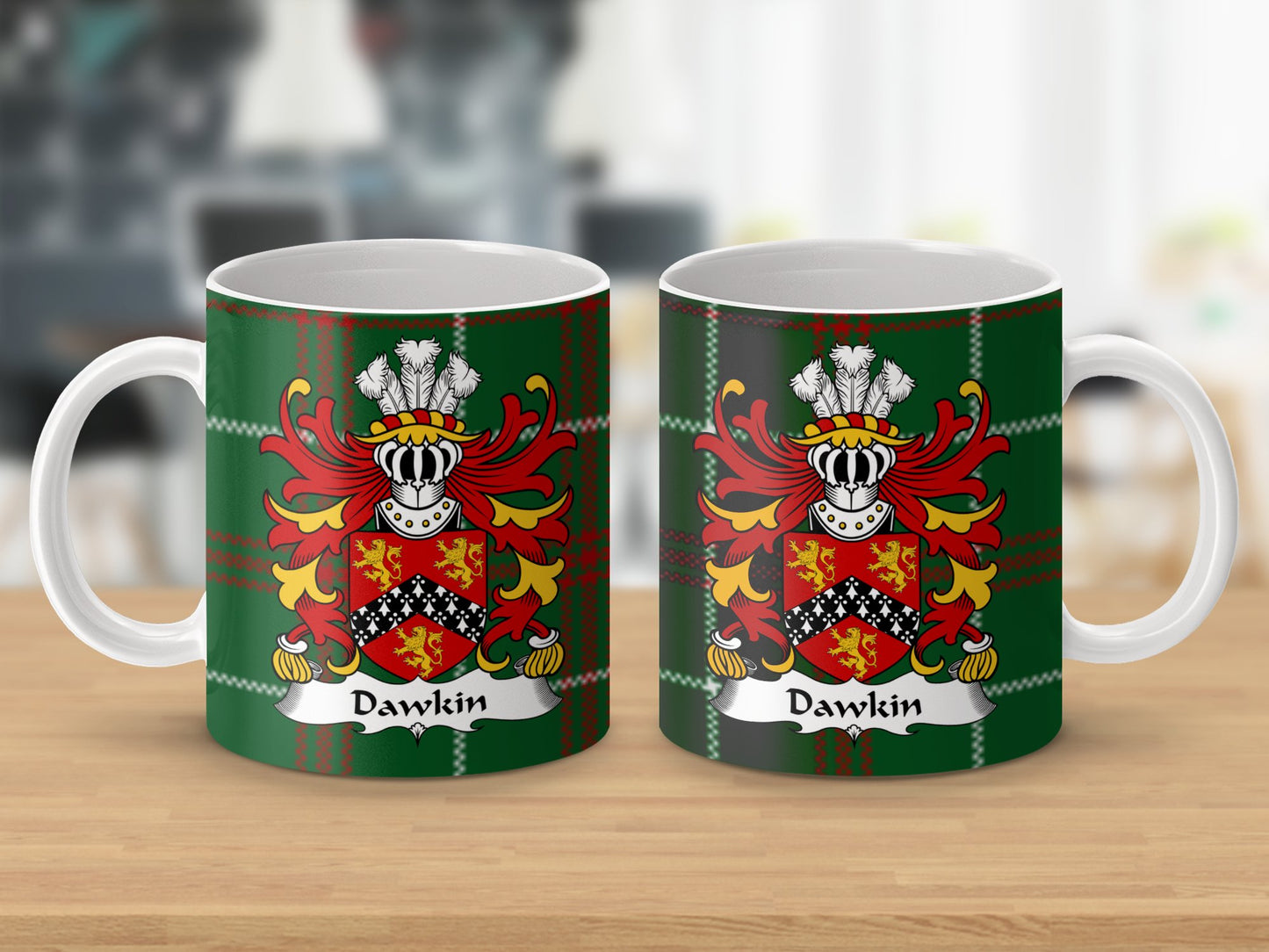 Dawkin Coat of Arms Welsh Tartan Background Mug - Living Stone Gifts