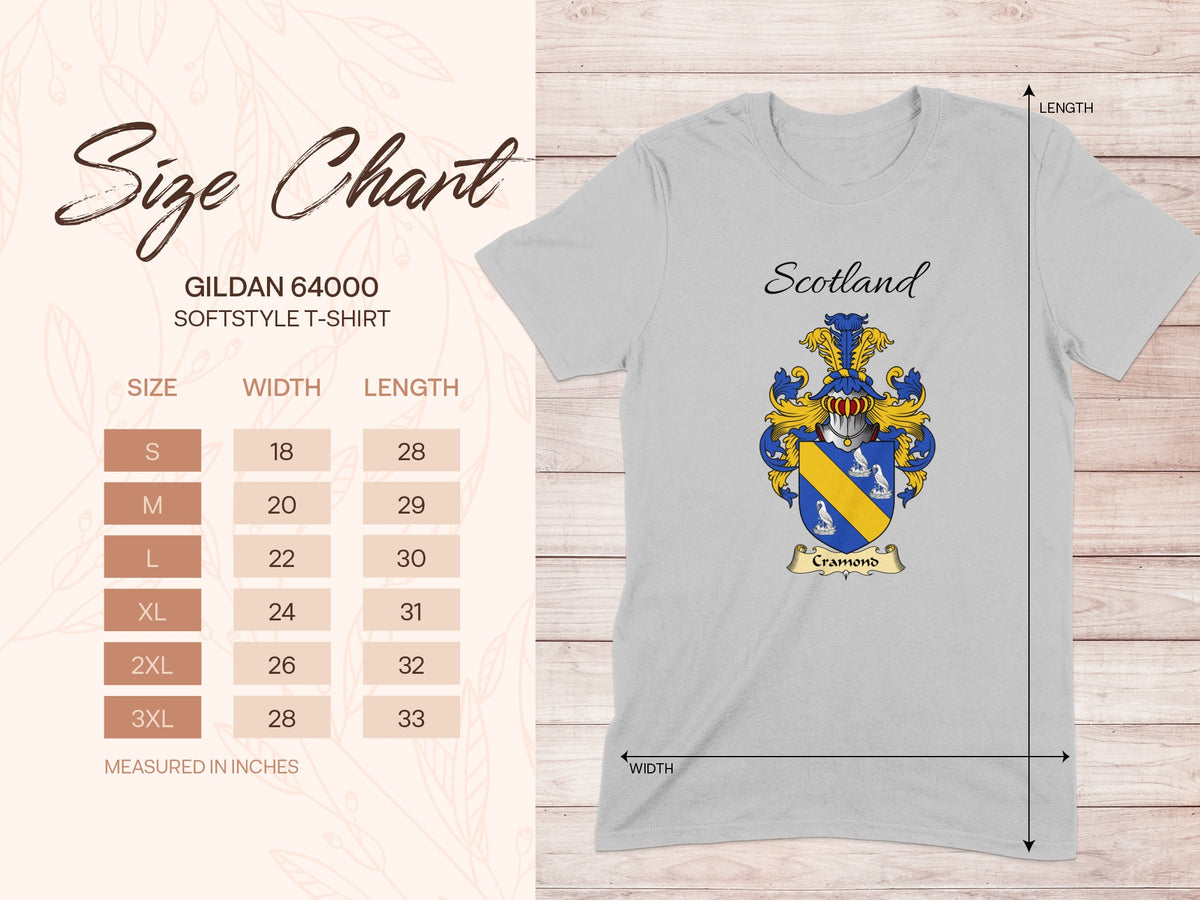 Gildan 64000 size chart for the Cramond unisex T-shirt, sizes S to 3XL