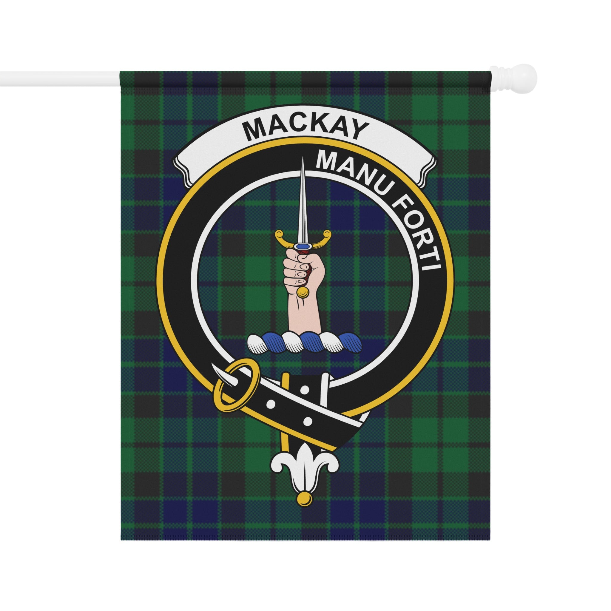 MacKay crest with hand holding sword on tartan garden flag — close-up