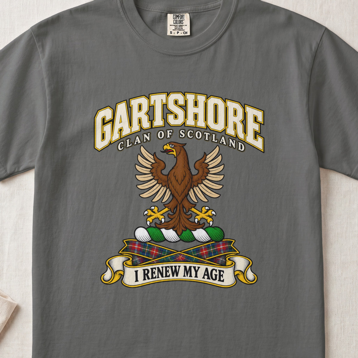 Gartshore Scottish clan T-shirt in Pepper, front view with a brown eagle with spread wings and motto design.