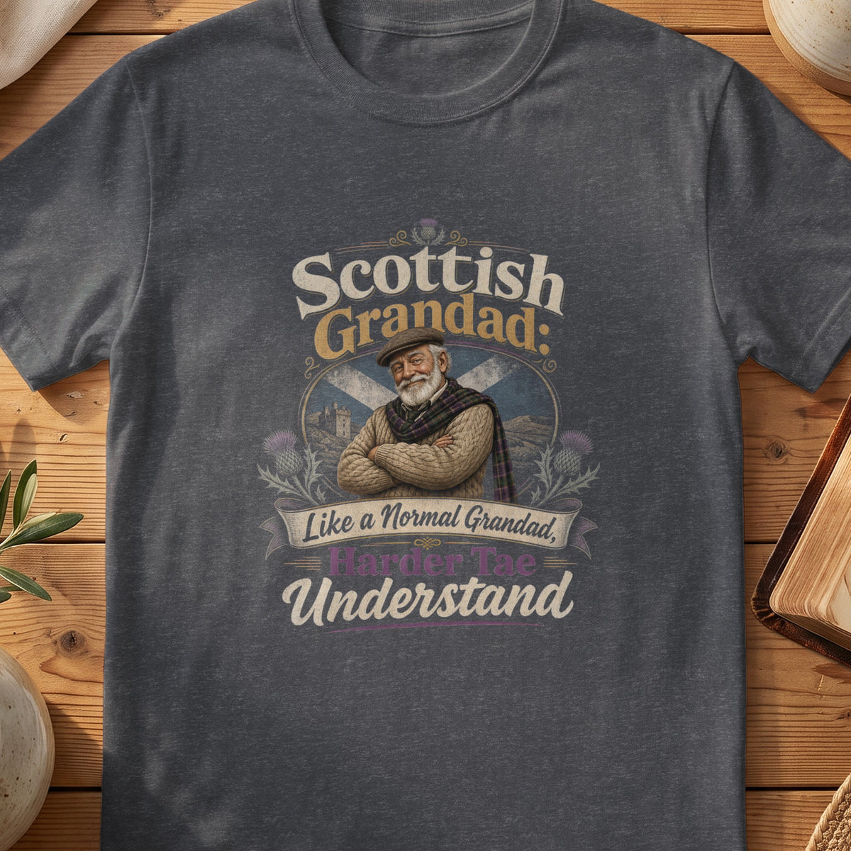 Dark grey Gildan 64000 unisex T-shirt flatlay with Scottish Grandad Harder Tae Understand Scottish graphic design