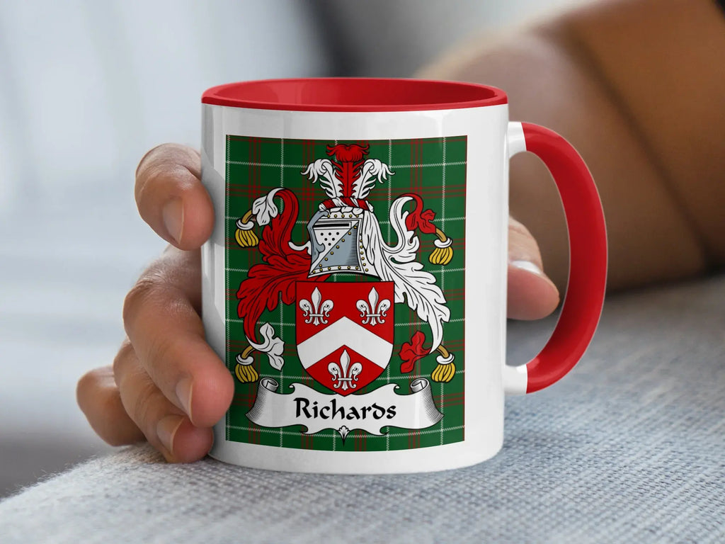 Richards Welsh tartan accent mug with red handle and heraldic crest on plaid
