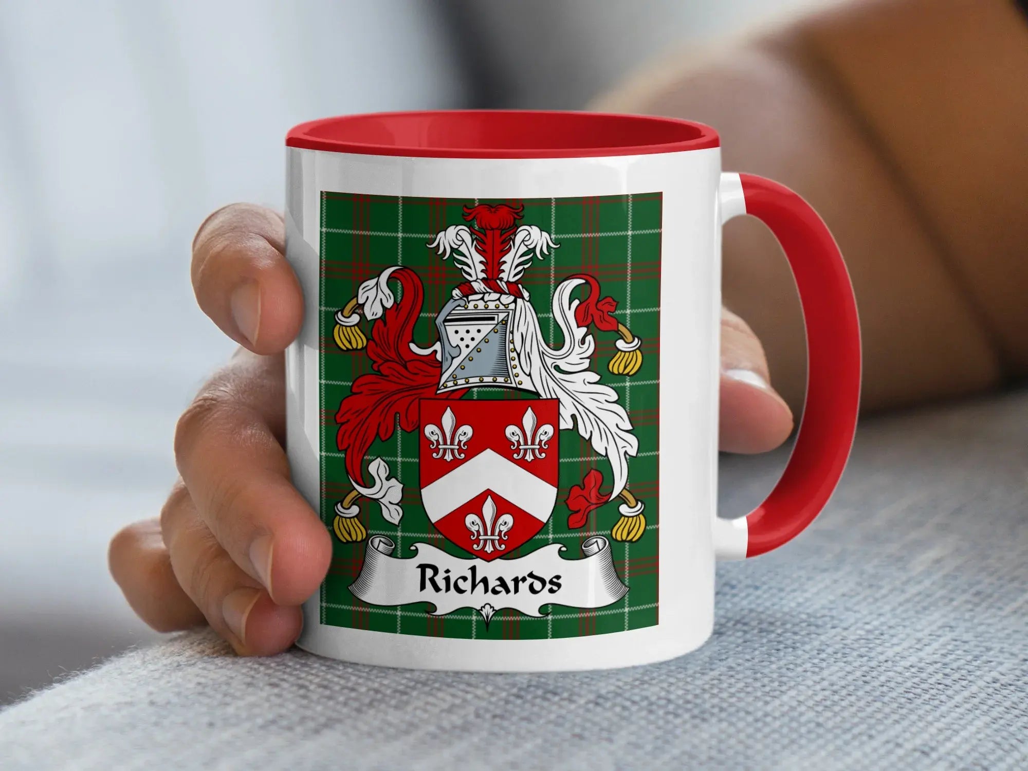 Richards Welsh tartan accent mug with red handle and heraldic crest on plaid