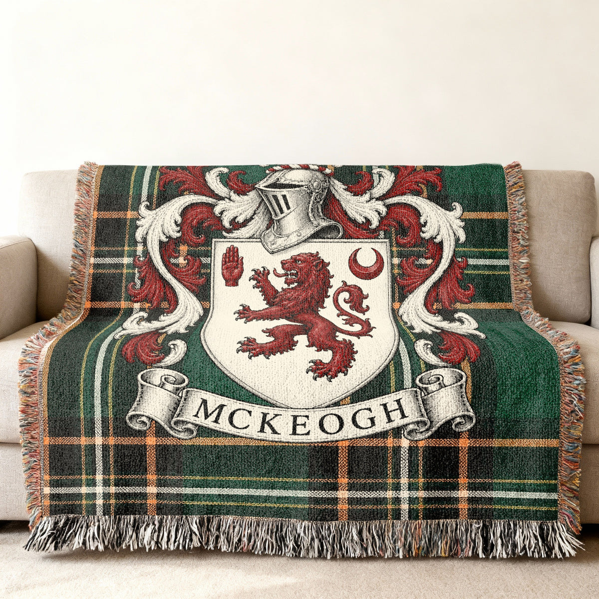 McKeogh family crest on Irish National Tartan woven blanket, detailed heritage design