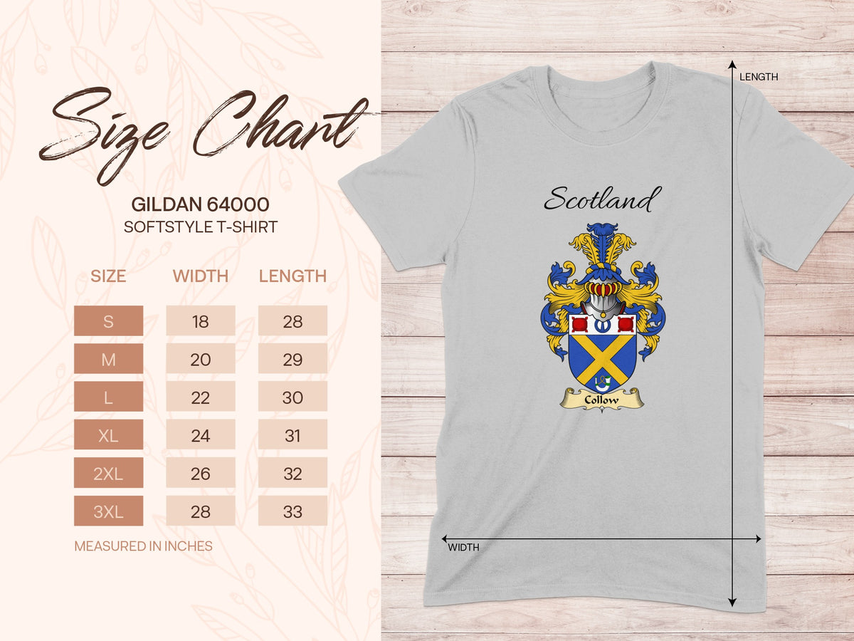 Gildan 64000 size chart for the Collow unisex T-shirt, sizes S to 3XL
