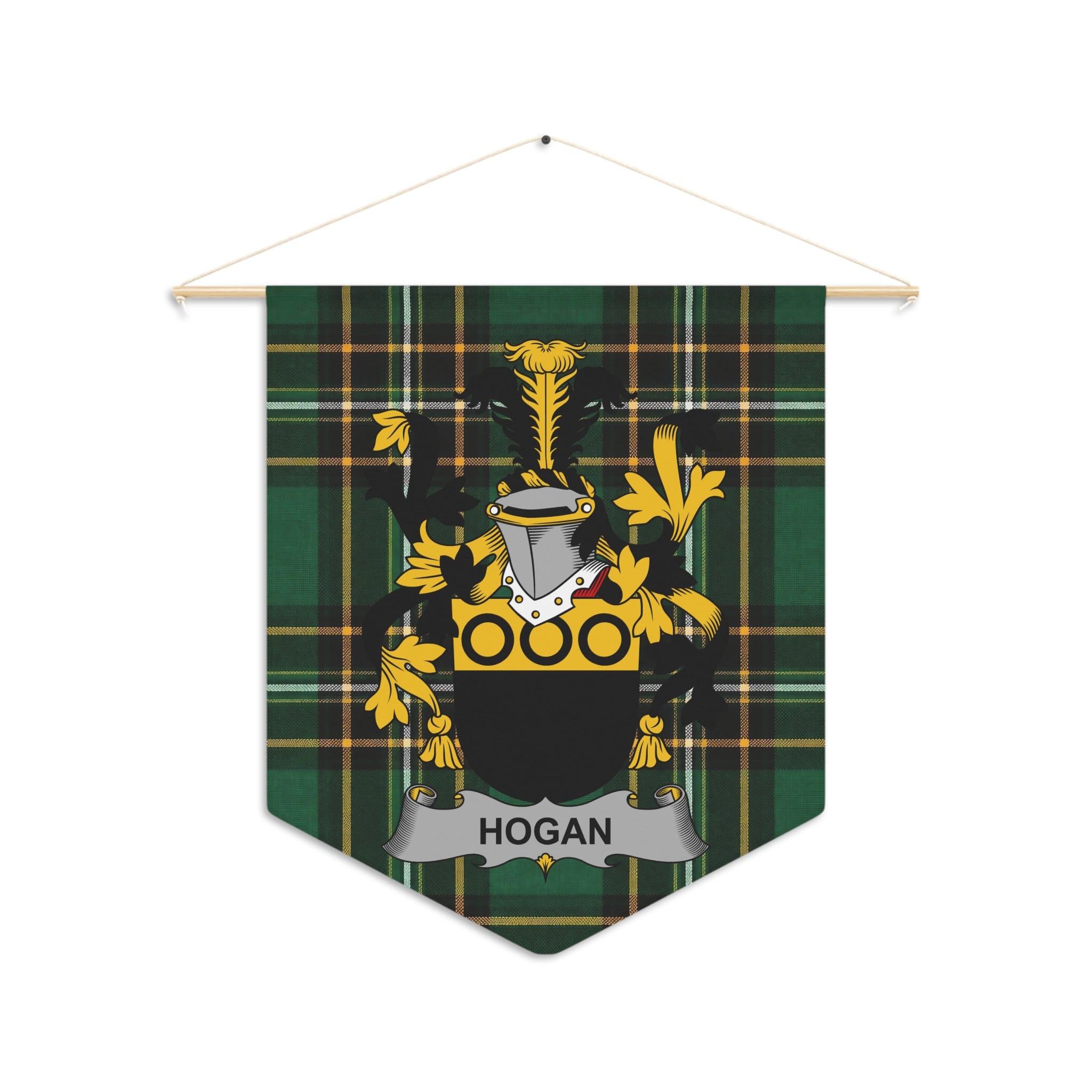 Hogan family crest on green tartan fabric pennant hanging from a wooden rod.