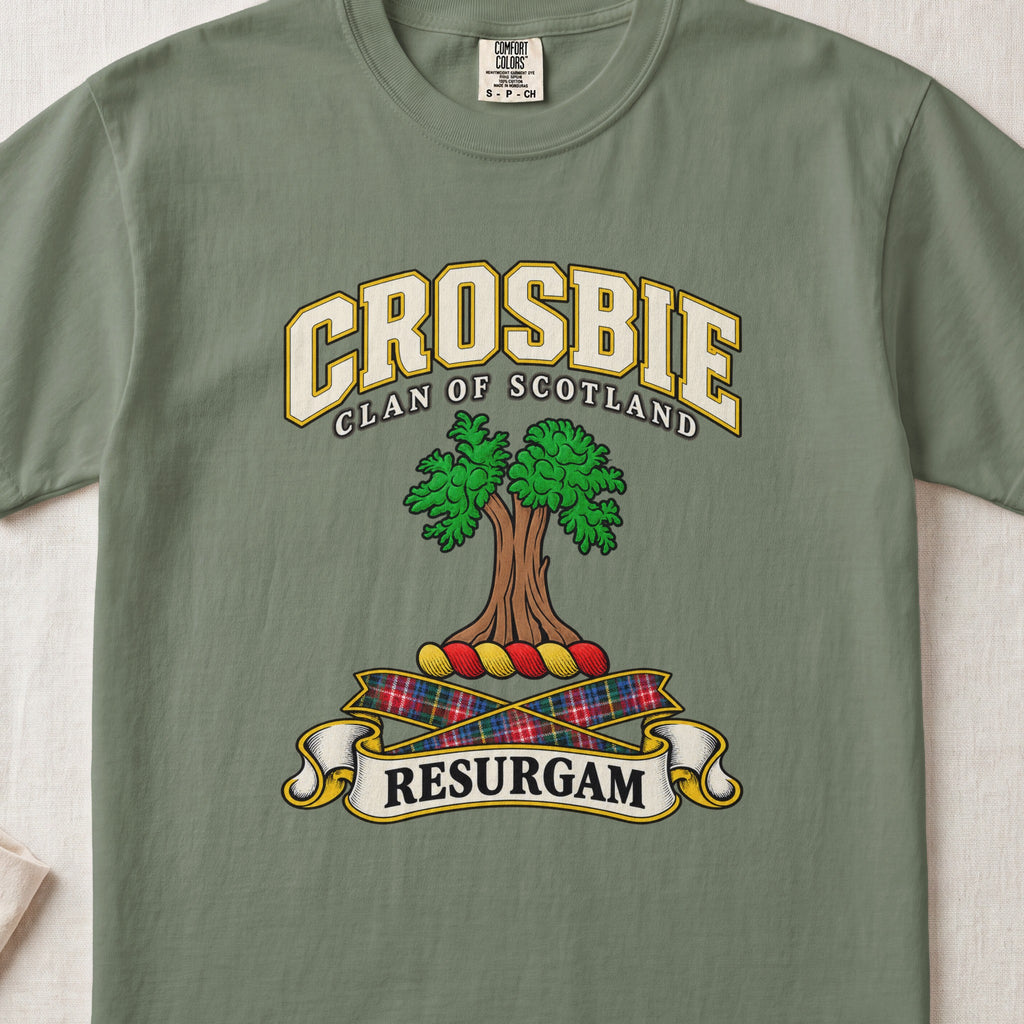 Crosbie Scottish clan T-shirt in Moss, front view with a green tree and motto design.