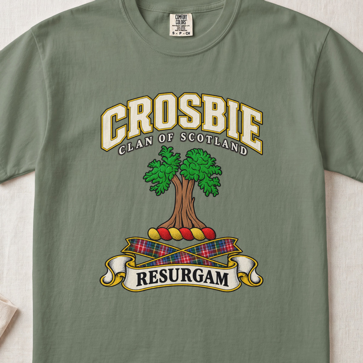 Crosbie Scottish clan T-shirt in Moss, front view with a green tree and motto design.