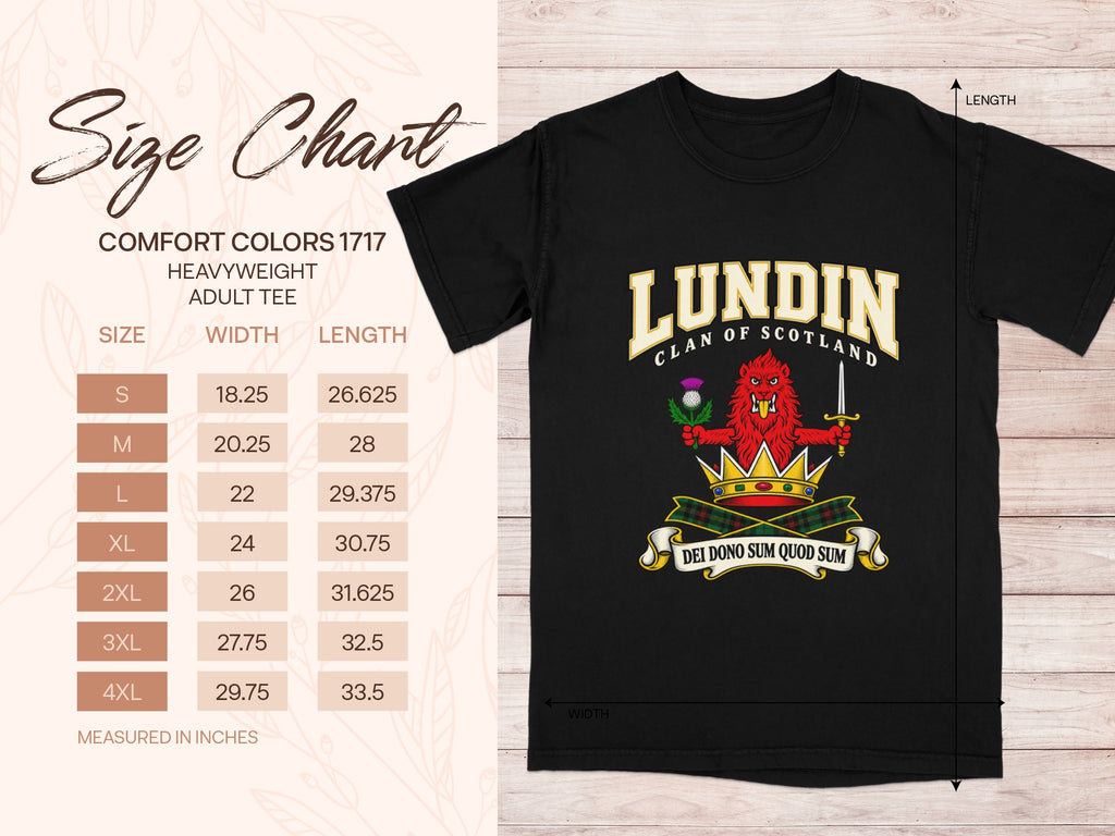Comfort Colors 1717 size chart in inches with a black Lundin clan crest T-shirt preview