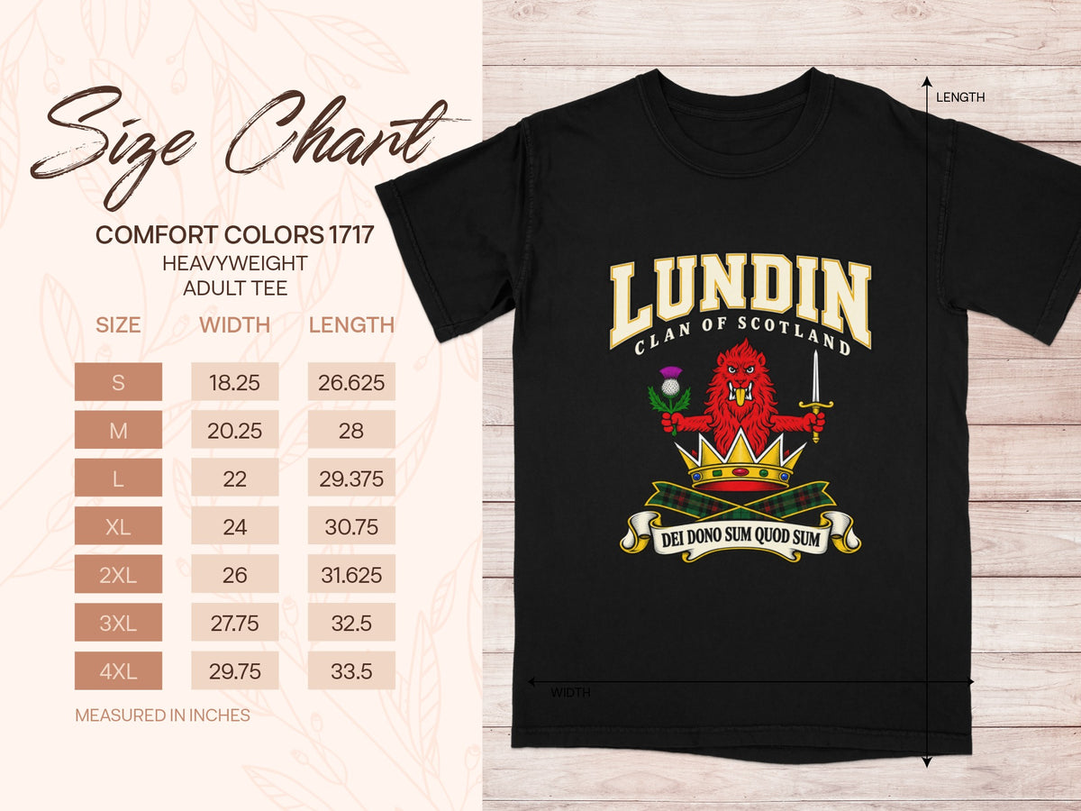 Comfort Colors 1717 size chart in inches with a black Lundin clan crest T-shirt preview