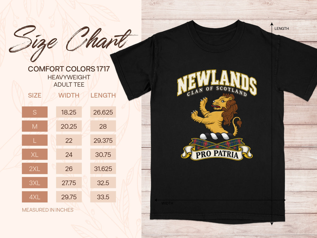 Comfort Colors 1717 size chart for the Newlands Scottish clan T-shirt, adult sizes S–4XL.