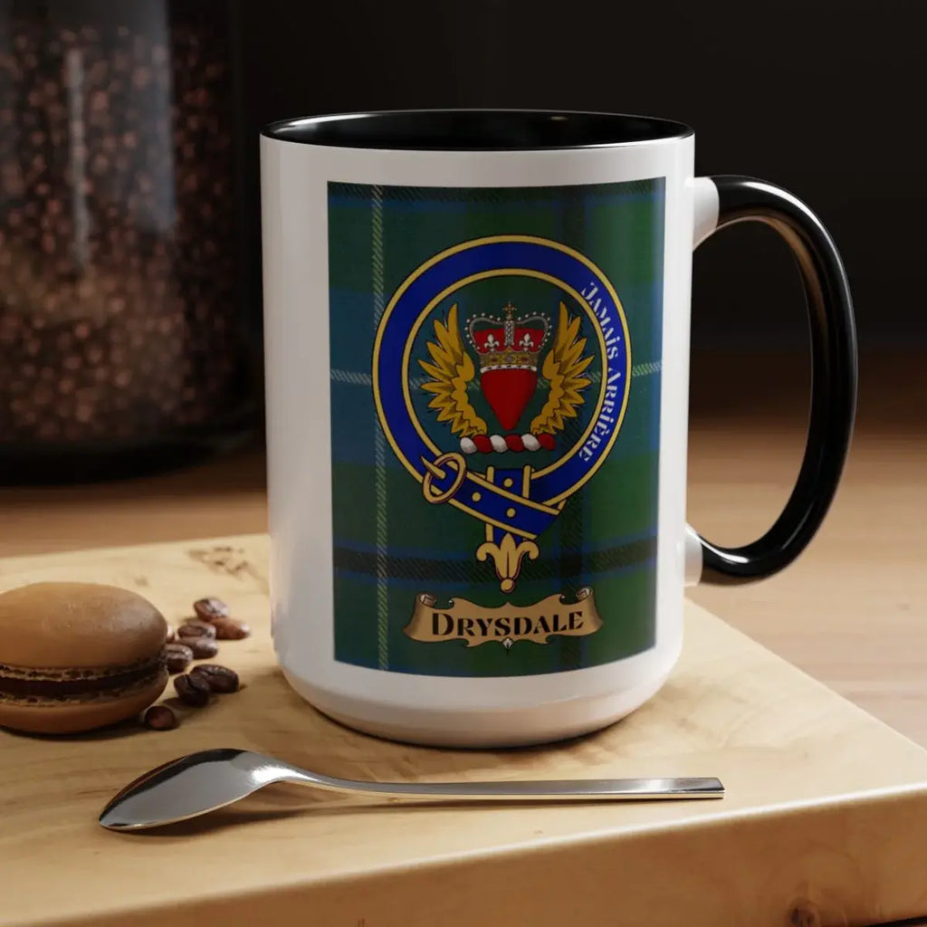 Close-up of the Drysdale clan crest printed on a ceramic mug