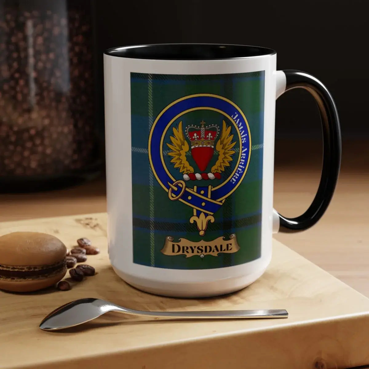Close-up of the Drysdale clan crest printed on a ceramic mug