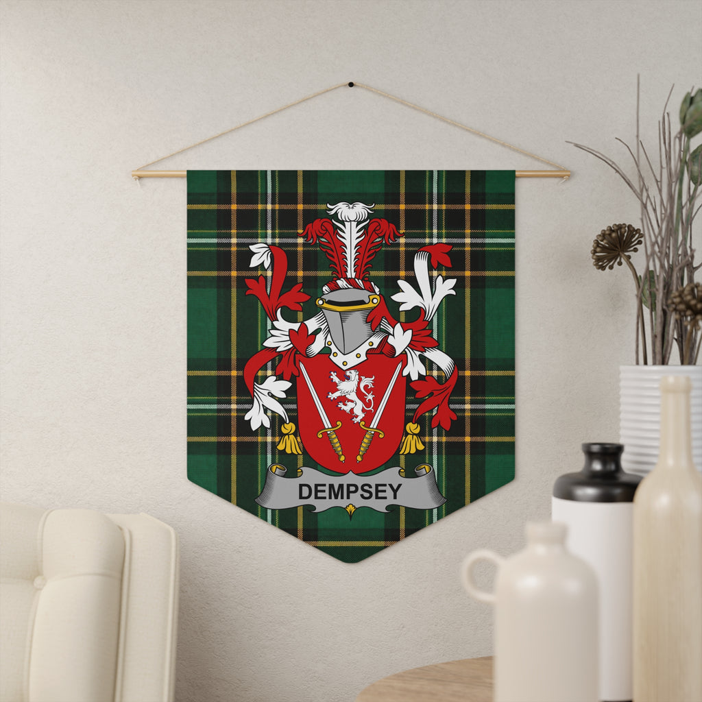Dempsey family crest banner on green tartan with swords and lion emblem.