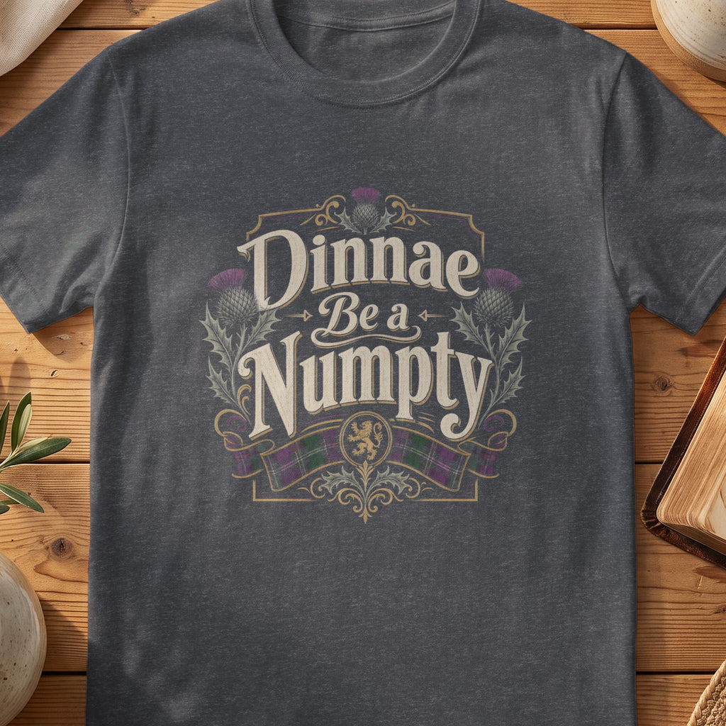 Dark grey Gildan 64000 unisex T-shirt flatlay with Dinnae Be a Numpty Scottish graphic design