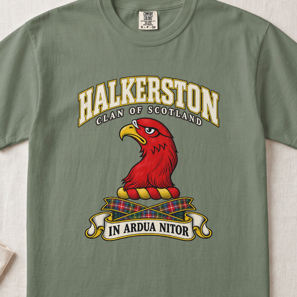 Halkerston Scottish clan T-shirt in Moss, front view with a red bird head with a golden beak and motto banner.