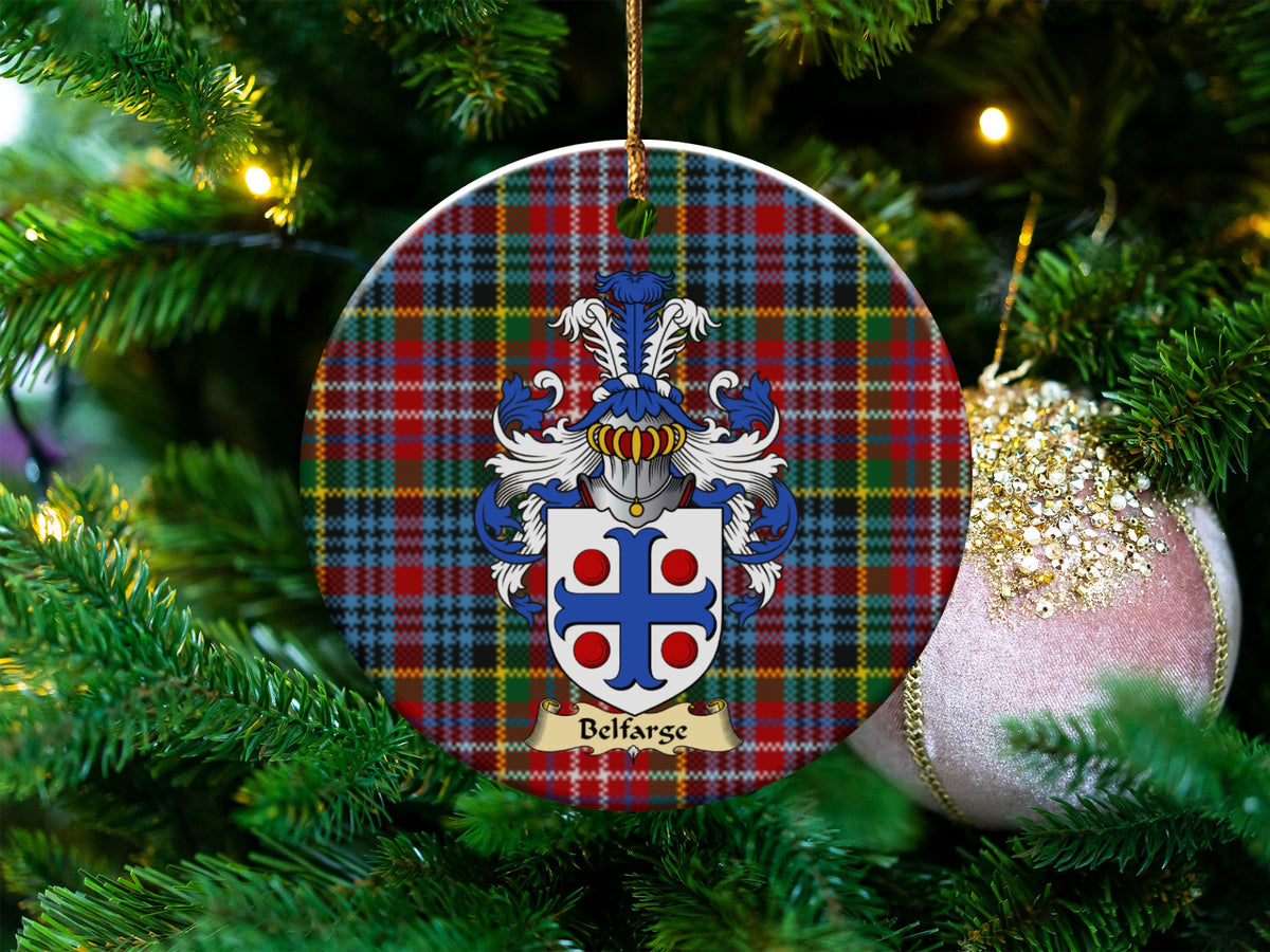 Belfarge Scottish clan ceramic ornament with family crest on a Caledonia tartan background, hanging on a Christmas tree