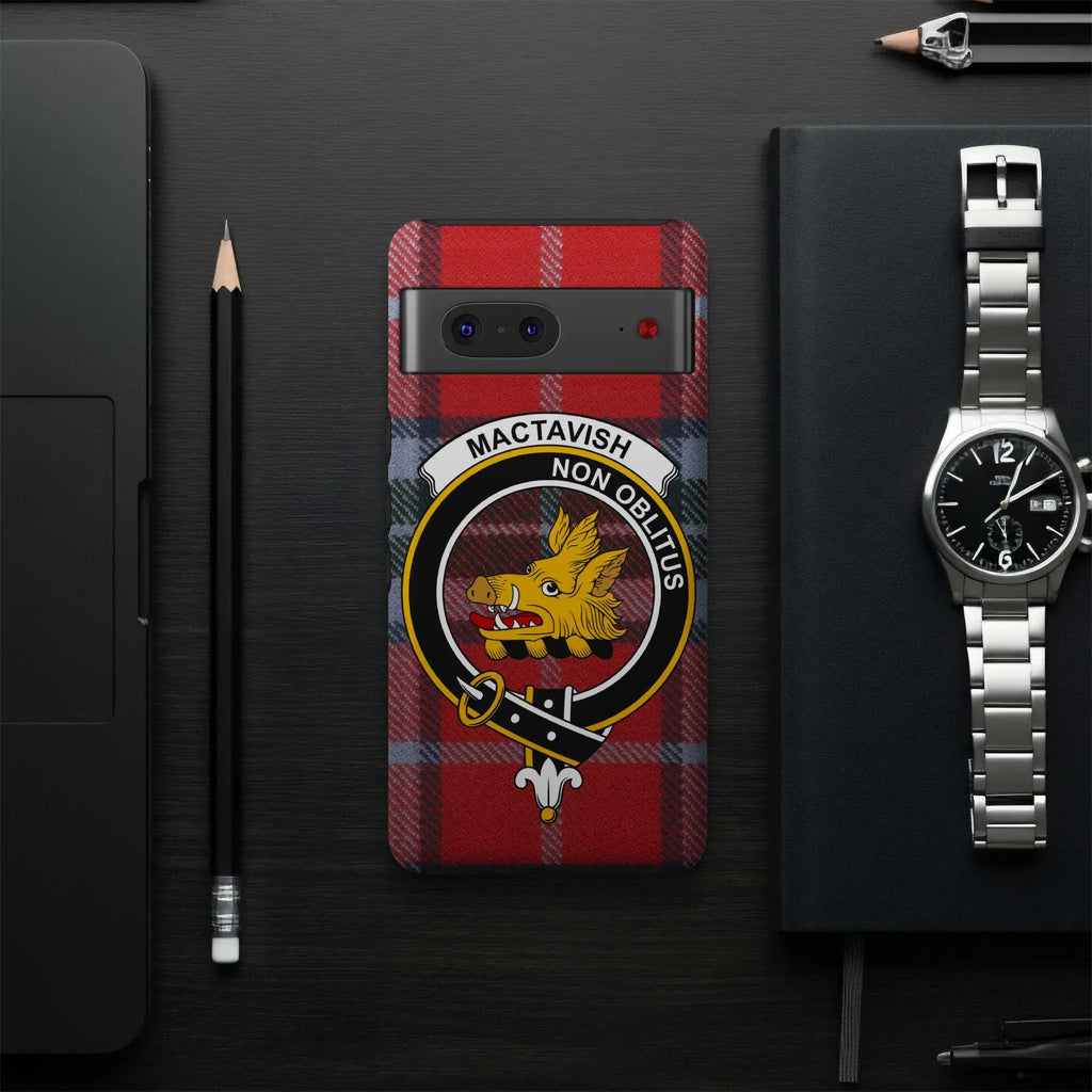MacTavish Non Oblitus clan phone case — slim glossy wrap showing precise port cutouts and tartan detail