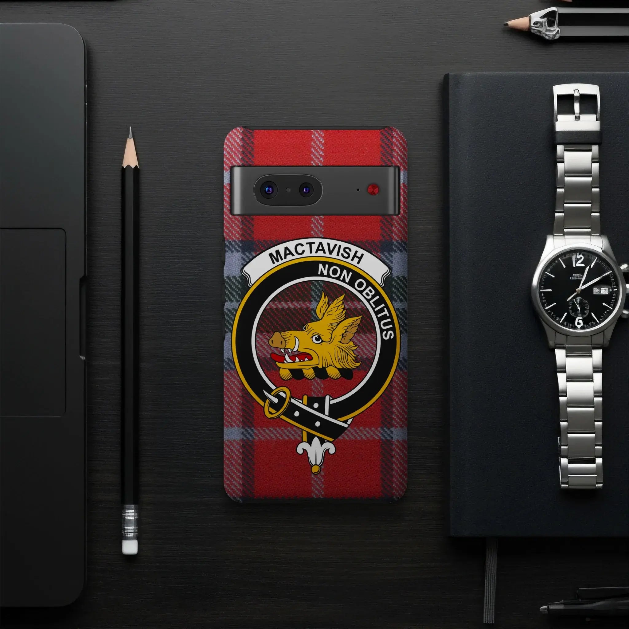 MacTavish Non Oblitus clan phone case — slim glossy wrap showing precise port cutouts and tartan detail