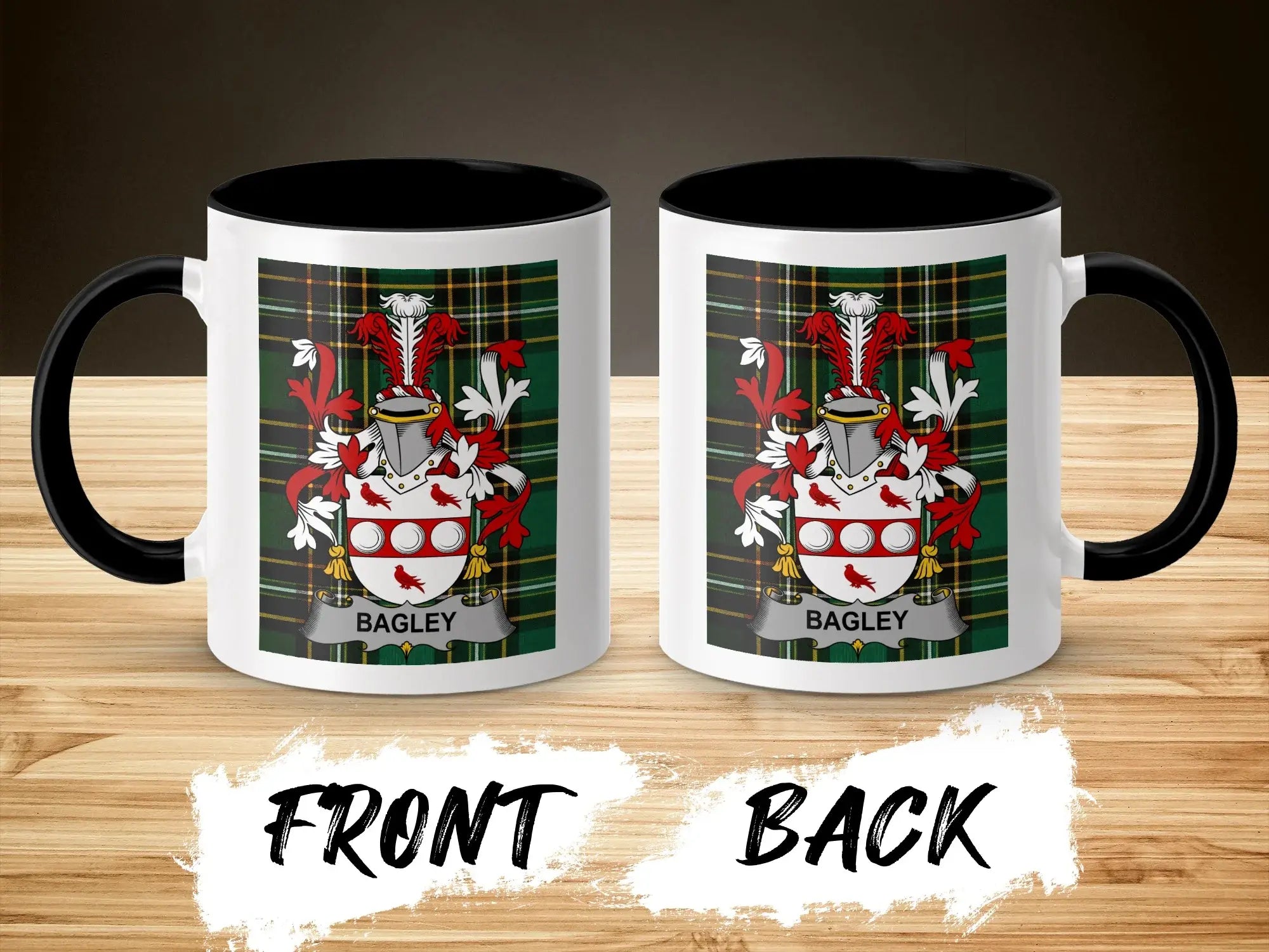 Bagley crest on white mug with black interior and handle, front and back views.