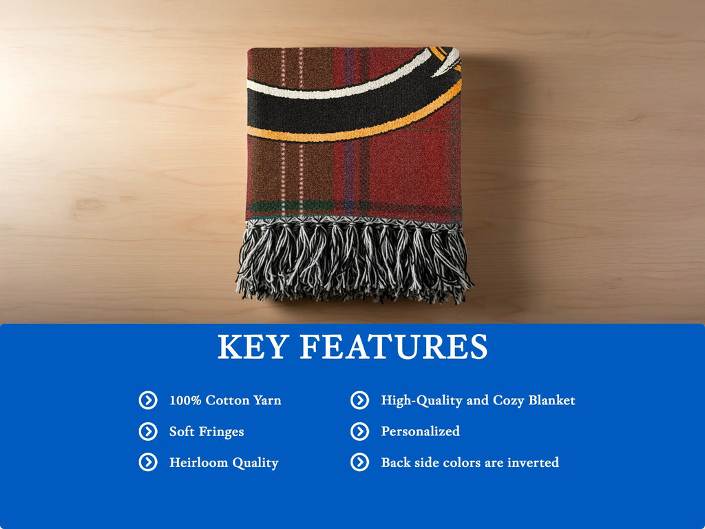 Seton clan crest woven blanket — soft cotton fringe border, 52" x 37" size option