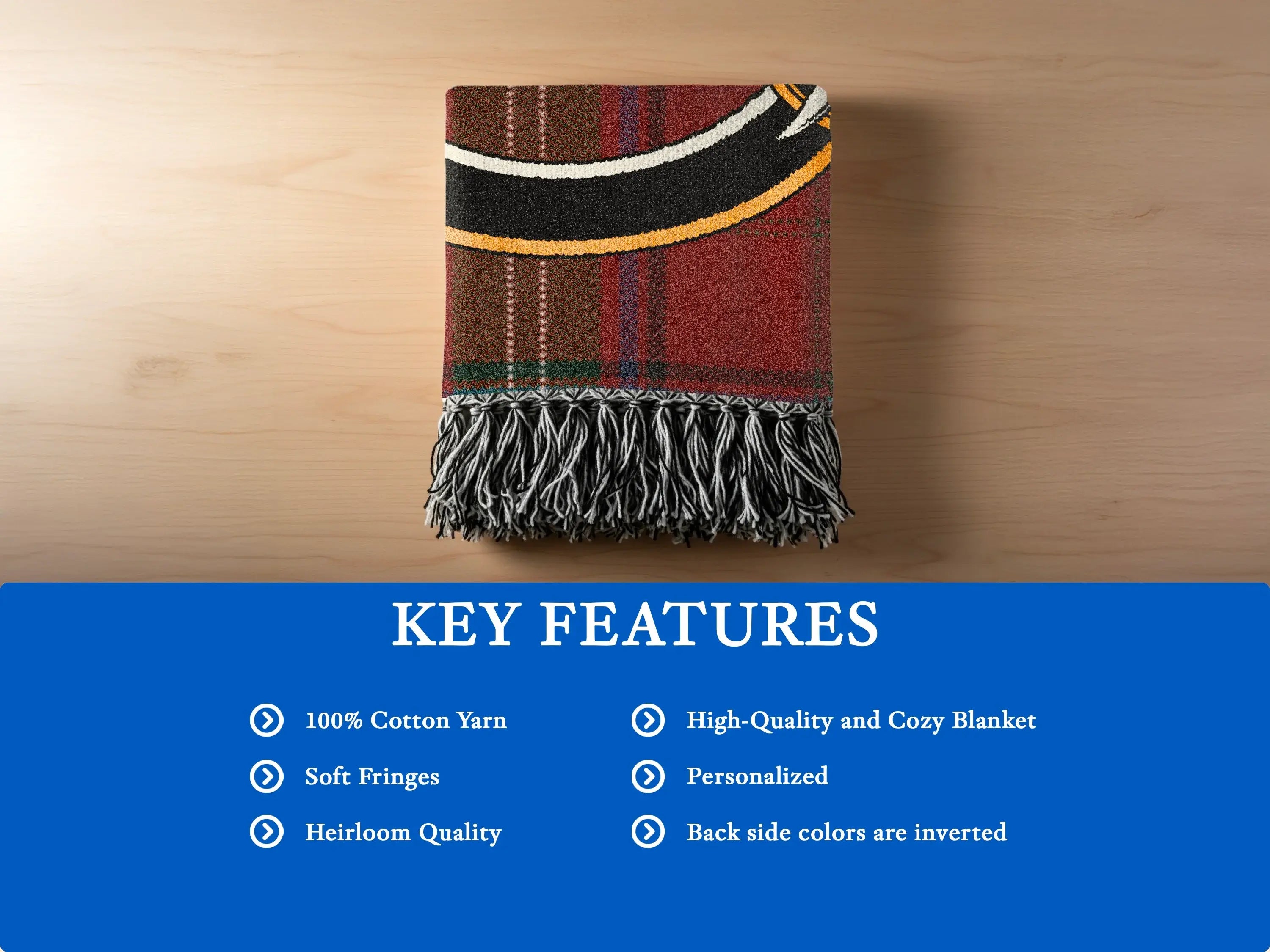 Seton clan crest woven blanket — soft cotton fringe border, 52" x 37" size option