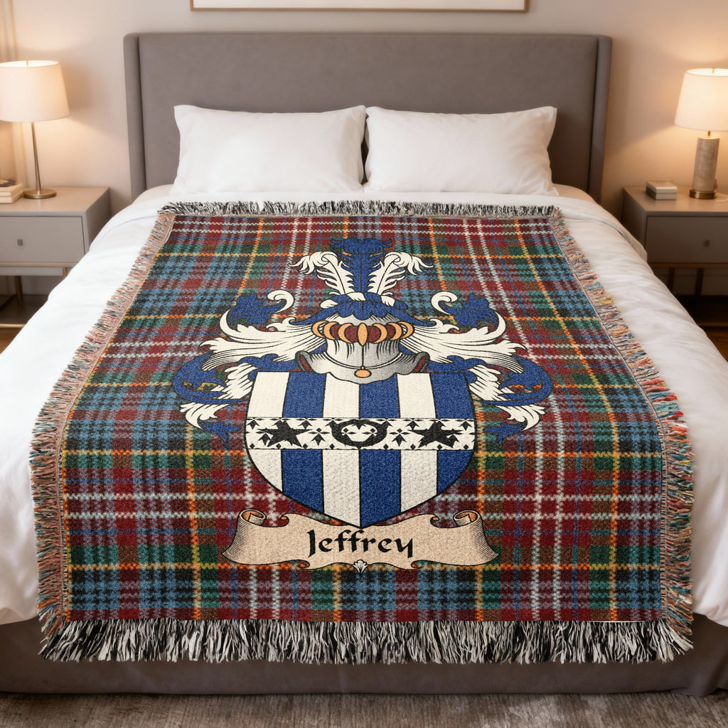 Jeffrey Caledonia tartan heritage woven throw blanket with family shield