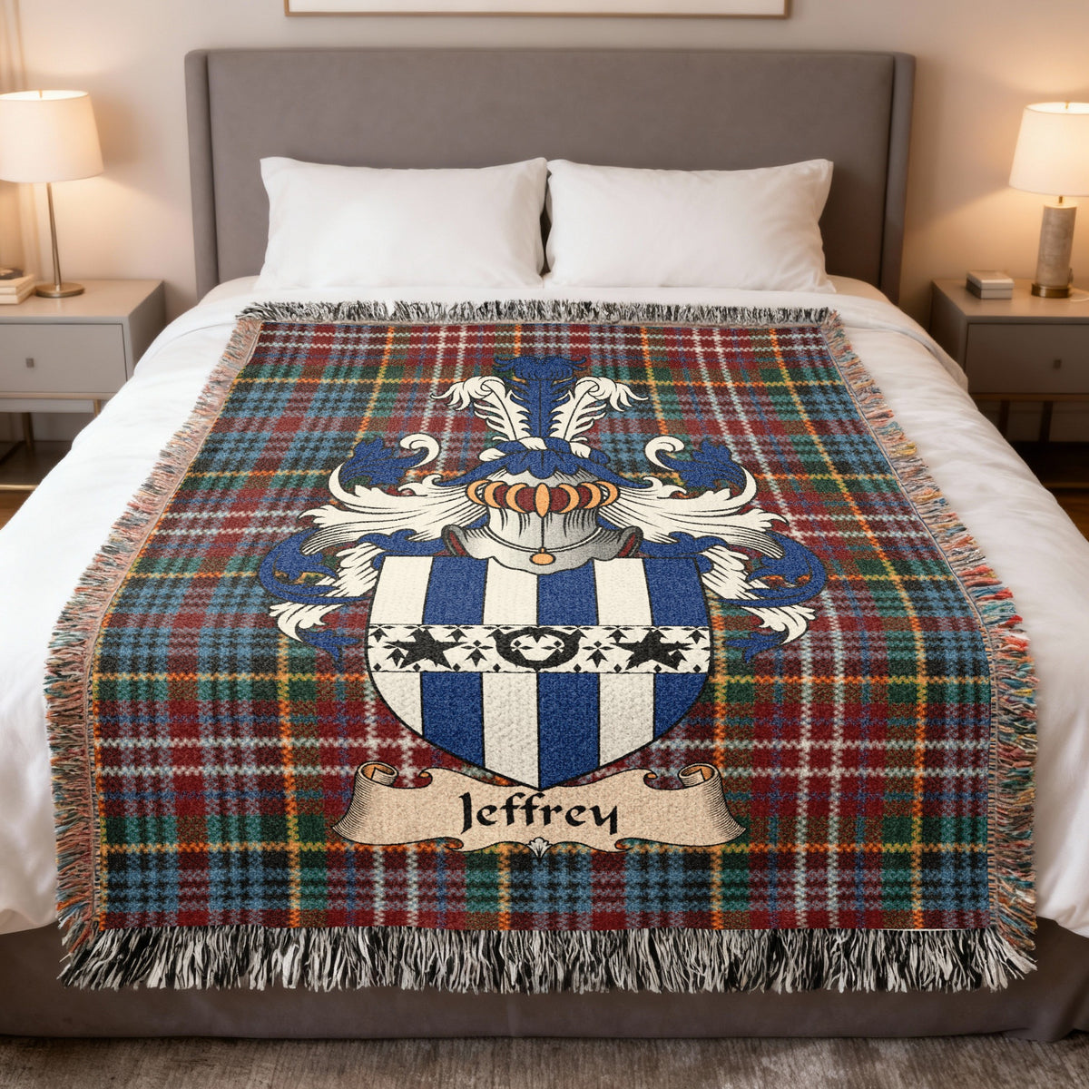 Jeffrey Caledonia tartan heritage woven throw blanket with family shield