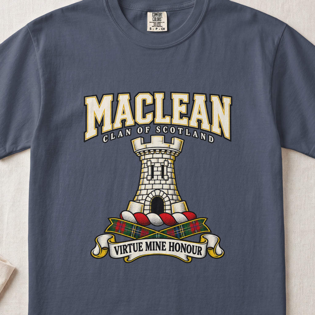 MacLean graphic T-shirt in Midnight blue, front flat lay showing varsity lettering and white stone tower with black arched entrance.