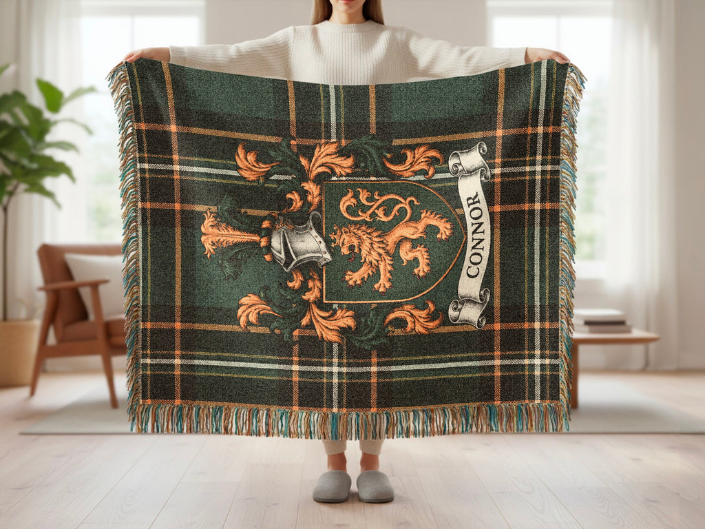 Connor Irish National Tartan woven blanket with family crest and fringed edges