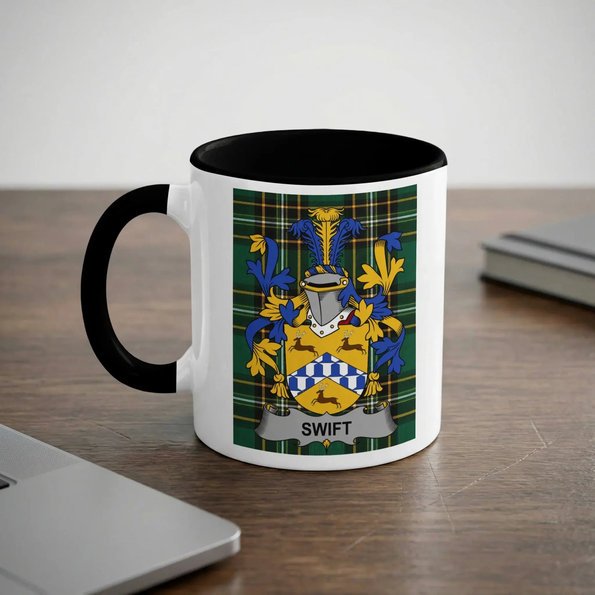 Swift Irish heritage mug with black interior and family crest