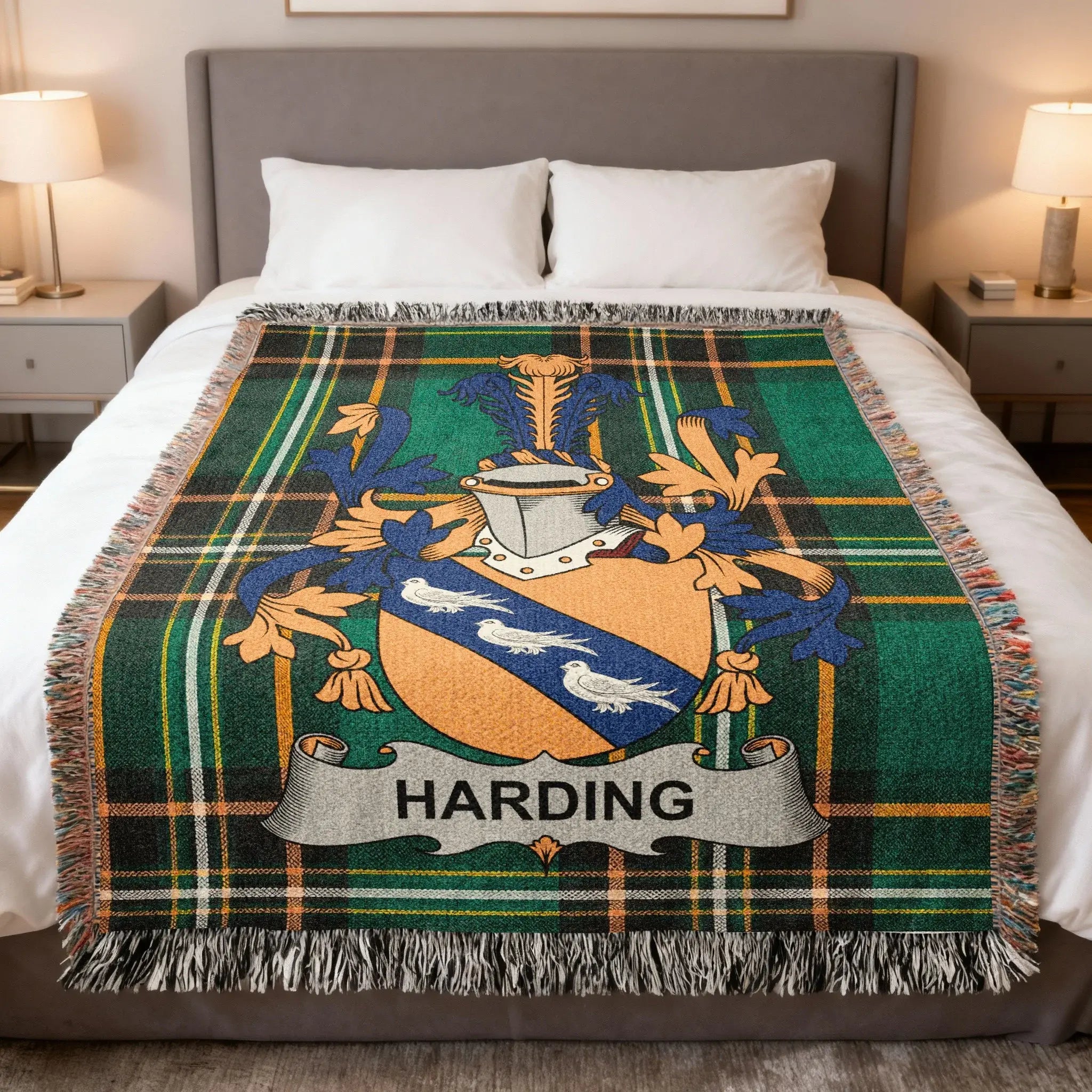 Plaid throw blanket featuring a family crest with the name Harding.
