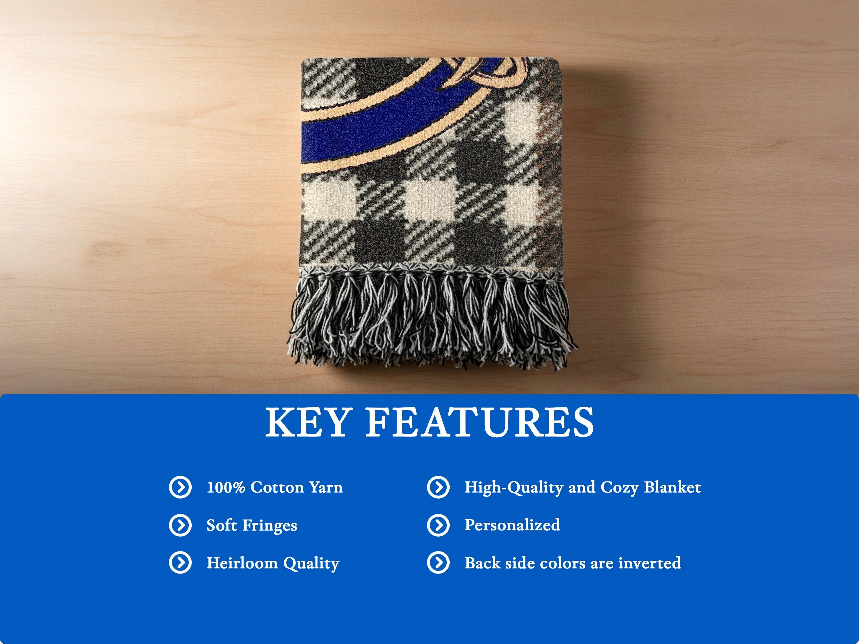 Burns woven blanket folded — tartan detail with fringe edges