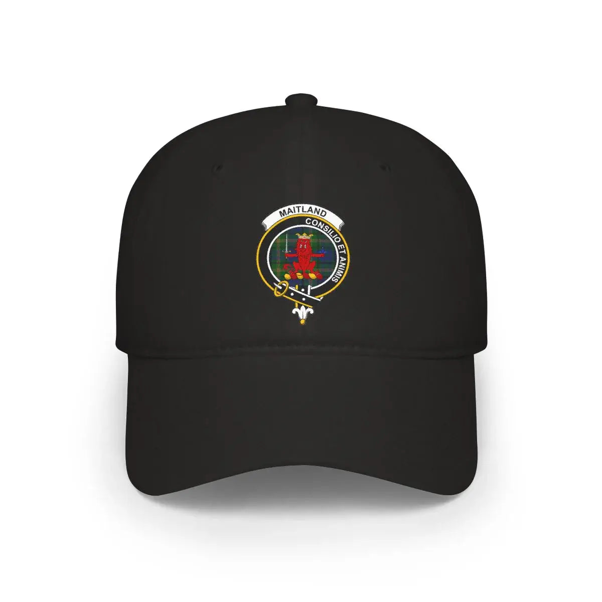 Clan Maitland Consilio et Animis printed crest cap — side angle showing adjustable strap and cap profile