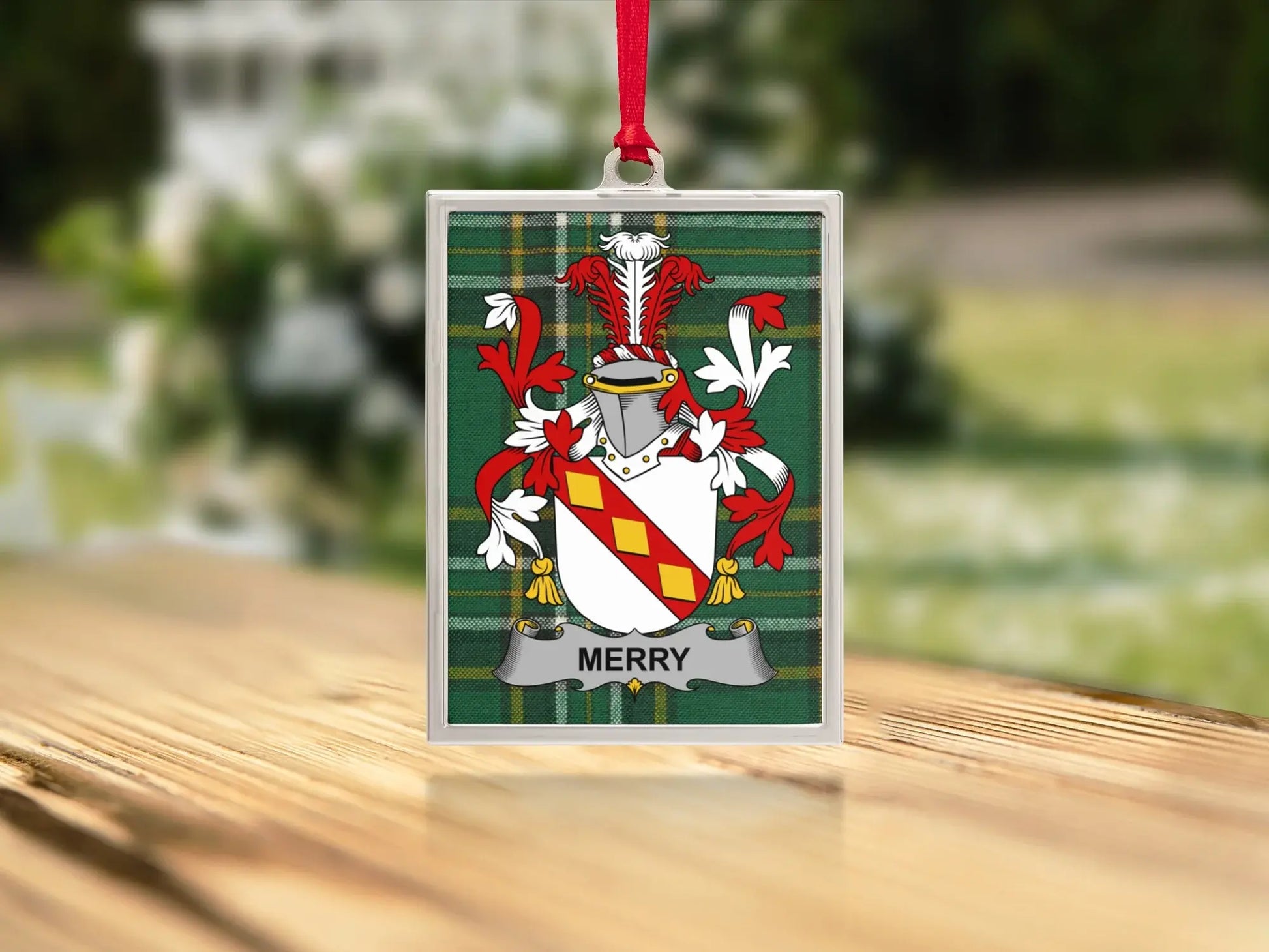 Merry Family Crest Plaid Green Holiday Ornament product type